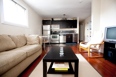 a living room with a couch and a coffee table